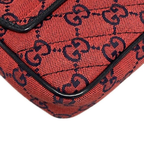 Auth GUCCI GG Marmont 661332 Red Dark Navy Jacquard Leather Shoulder Bag - Picture 4 of 15